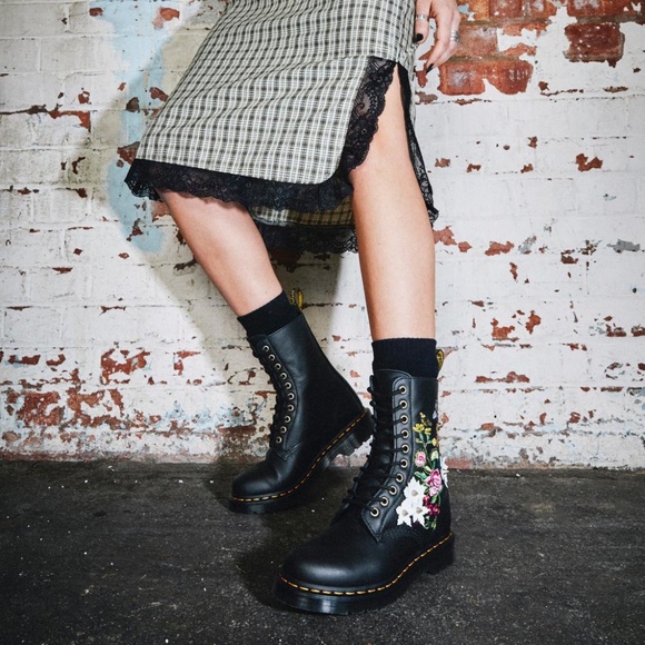 Dr. Martens Women's 1490 Floral Bloom Leather Vonda Butterfly Mid-Calf Boots - Picture 2 of 13